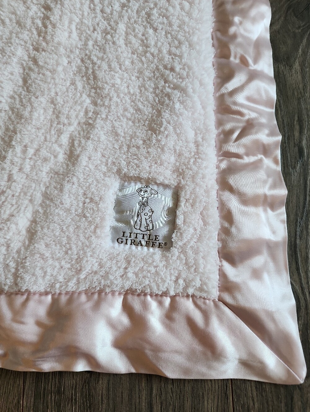Little Giraffe Plush Baby Blanket in Pale Pink with Satin Trim
